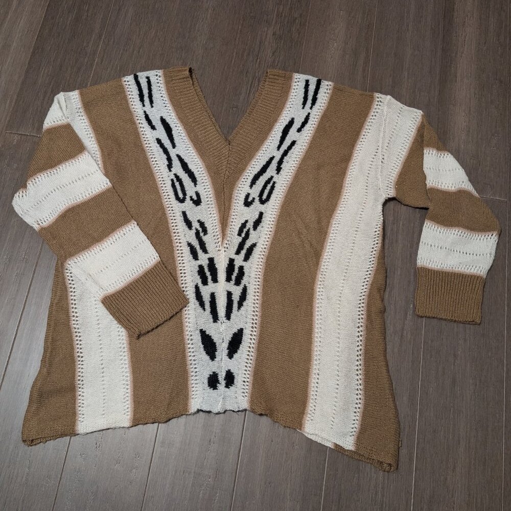Trendy Threads, V-Neck Sweater, Neutral Stripes & Leopard Print, Sz 3X